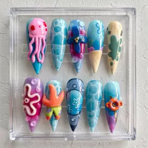 3D Spongebob ocean press on nails with jellyfish, starfish, fish charms and aqua water texture