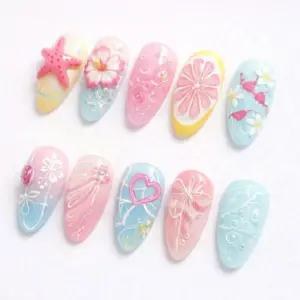 3D flamingo summer press on nails in pink blue and yellow with starfish hibiscus citrus slice heart charm and floral engravings