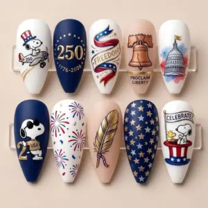 Commemorative 250 years America 1776 2026 press on nails featuring Liberty Bell Capitol Building Freedom banner gold quill fireworks and cartoon patriotic characters