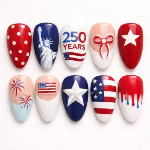 Patriotic 250 years America press on nails featuring Statue of Liberty fireworks star drip and USA flag designs for 4th of July