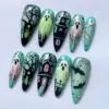 Halloween Haunted House Press On Nails teal green ghost bat spooky design