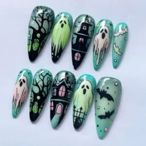 Halloween Haunted House Press On Nails teal green ghost bat spooky design