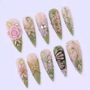 3D Butterfly Rose Press On Nails Gold Sage Gre