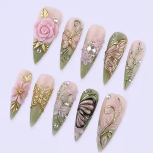 3D Butterfly Rose Press On Nails Gold Sage Gre 3