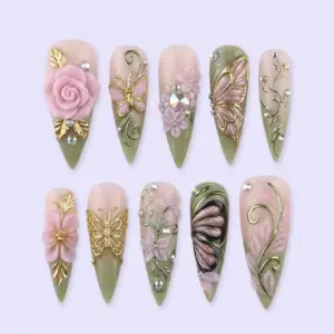 3D butterfly rose press on nails with gold filigree butterfly charm, shimmer butterfly wings, sculpted pink rose, aurora crystal, gold vine scrollwork on sage green and nude for spring