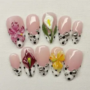 3D Calla Lily Press On Nails Polka Dot Pink Spring Fake Nails 1
