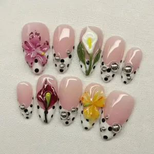 3D Calla Lily Press On Nails Polka Dot Pink Spring Fake Nails 3