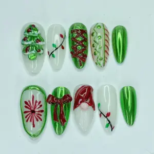 Green chrome Christmas press on nails with 3D Christmas tree, gnome, red bow, snowflake and holiday lights hand-painted design