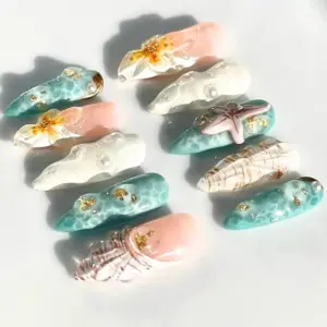 3D Conch Shell Press On Nails Teal Ocean Gold Fake Nails 2