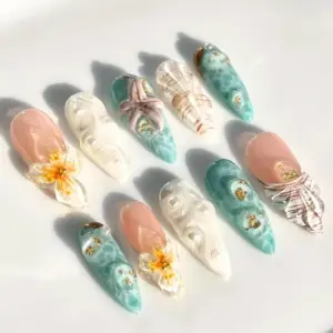 3D Conch Shell Press On Nails Teal Ocean Gold Fake Nails 3