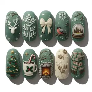 Sage green 3D cottagecore Christmas press on nails with sculpted reindeer, snow globe, fireplace, hot cocoa mug, robin bird, Christmas tree, bow and plaid scarf designs