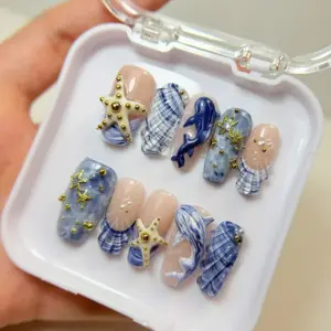 3D Dolphin Ocean Press On Nails Blue Marble Shell Fake Nails 1