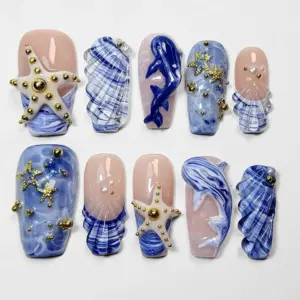 3D dolphin ocean press on nails with blue marble texture, shell design, starfish and gold bead accents