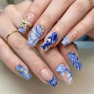 3D Dolphin Ocean Press On Nails Blue Marble Shell Fake Nails 3
