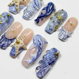 3D Dolphin Ocean Press On Nails Blue Marble Shell Fake Nails 6