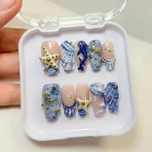 3D Dolphin Ocean Press On Nails Blue Marble Shell Fake Nails 7