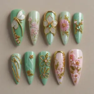 3D dragonfly press on nails with jade green marble base, gold arch flower, pink camellia, teal glass flower, gold linework and blush rose cluster for spring
