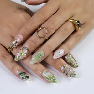 3D Dragonfly Floral Press On Nails Spring Fake N 3