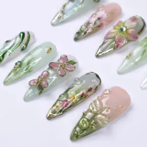 3D Dragonfly Floral Press On Nails Spring Fake N 6