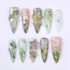 3D dragonfly aurora glass press on nails with gold arch flower, hand-painted magnolias, chrome green drip, pink floral charms and sage mint glitter for spring
