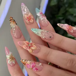3D Floral Press On Nails Botanical Tiger Lily Fake Nails 1 1