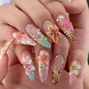 3D Floral Press On Nails Botanical Tiger Lily Fake Nails 1 3