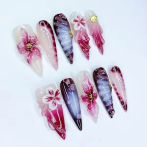 3D Floral Press On Nails Dark Botanical Bloom Fake Nails 2