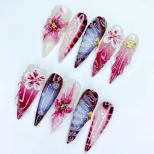 3D Floral Press On Nails Dark Botanical Bloom Fake Nails 3