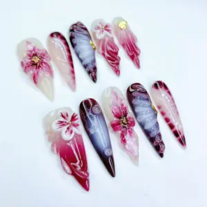 3D Floral Press On Nails Dark Botanical Bloom Fake Nails 4