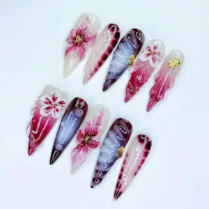3D Floral Press On Nails Dark Botanical Bloom Fake Nails 5
