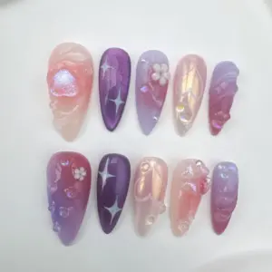 3D Floral Press On Nails Japanese Summer Glitter 1