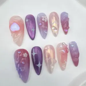 3D floral glitter press on nails Japanese summer sparkle fake nails almond