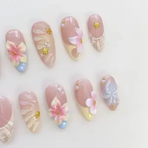 3D Floral Shell Press On Nails Gold Star Pearl Spring Fak 3