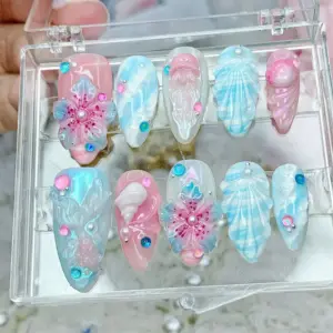 3D Floral Shell Press On Nails Pink Blue Ocean Fake Nails 2