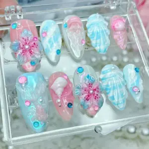 3D Floral Shell Press On Nails Pink Blue Ocean Fake Nails 3