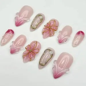 3D Floral Wedding Press On Nails Pink Gold Fake Nails 1