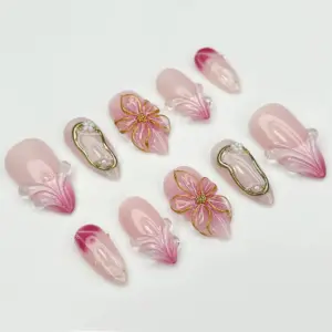 3D Floral Wedding Press On Nails Pink Gold Fake Nails 3