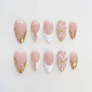 3D flower french tip gold chrome white press on nails fake nails short almond