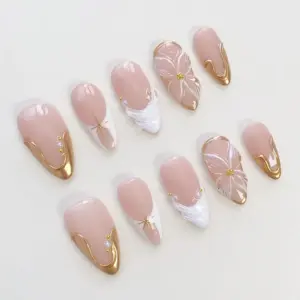 3D Flower French Press On Nails Gold Chrome White Fake Nails 2