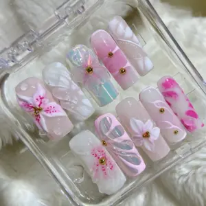 3D flower pink ombre handmade press on nails fake nails almond
