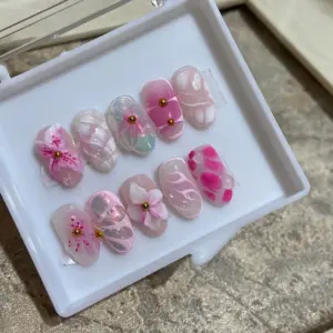3D Flower Press On Nails Pink Ombre Handmade Fake Nails 2