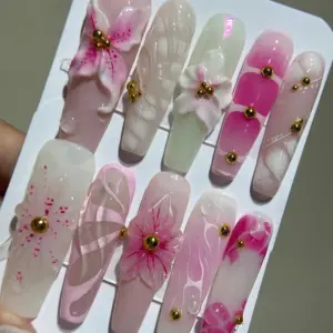 3D Flower Press On Nails Pink Ombre Handmade Fake Nails 3