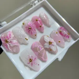 3D Flower Press On Nails Pink Ombre Handmade Fake Nails 4