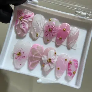 3D Flower Press On Nails Pink Ombre Handmade Fake Nails 5