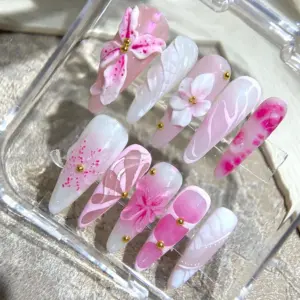 3D Flower Press On Nails Pink Ombre Handmade Fake Nails 6