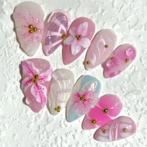 3D Flower Press On Nails Pink Ombre Handmade Fake Nails 7