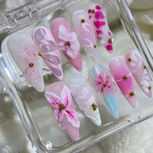 3D Flower Press On Nails Pink Ombre Handmade Fake Nails 8