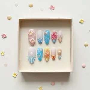 3D Hibiscus Beach Press On Nails Tropical Summer Fake Nails 2