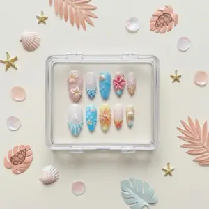 3D Hibiscus Beach Press On Nails Tropical Summer Fake Nails 3