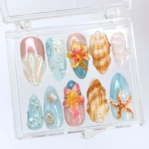 3D Hibiscus Conch Press On Nails Beach Shell Fake Nails 2